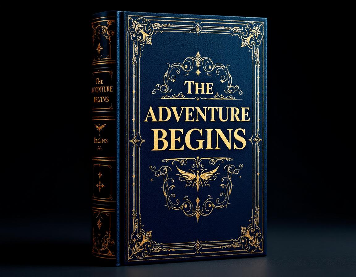 A hardcover fantasy book with title "THE ADVENTURE BEGINS" in gold embossed serif letters, dark blue leather binding