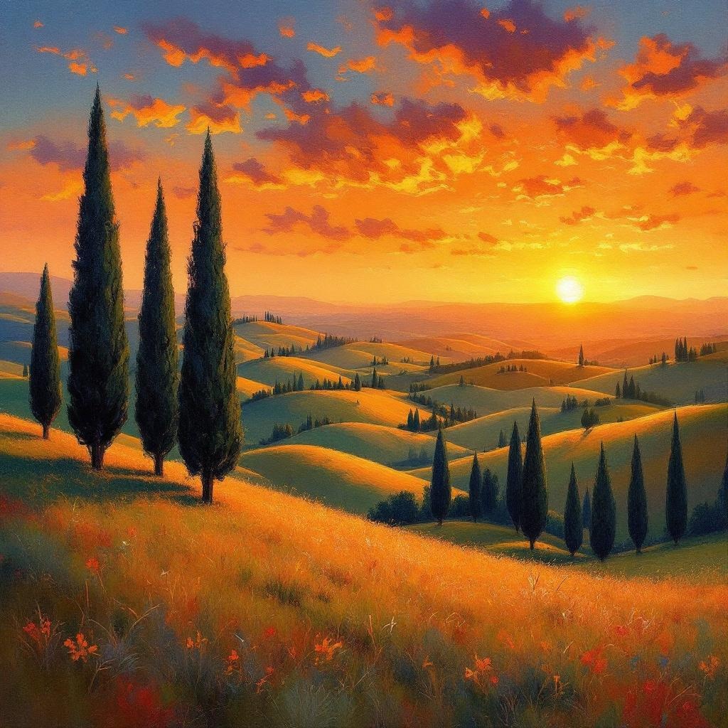 Peaceful countryside with rolling hills, oil painting style