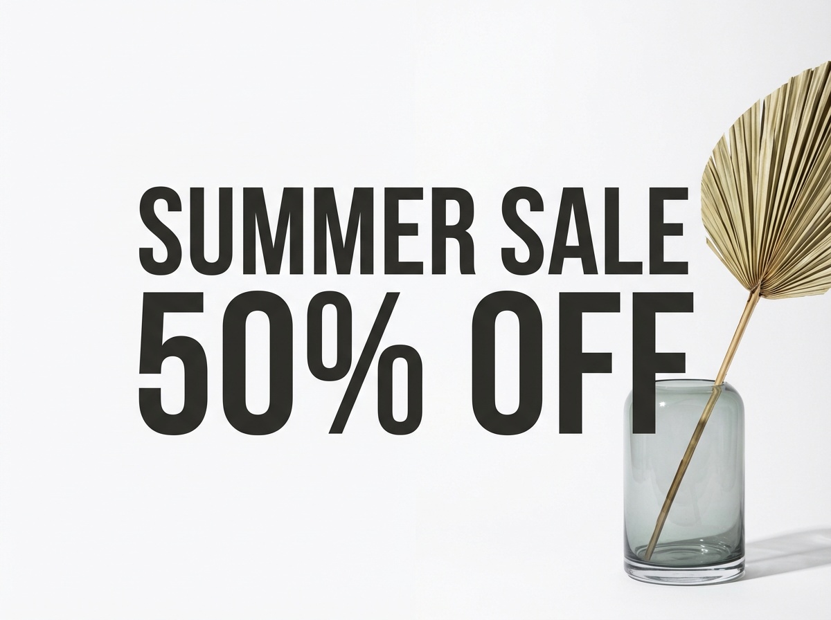 A clean product poster with the text "SUMMER SALE 50% OFF" in bold modern sans-serif typography
